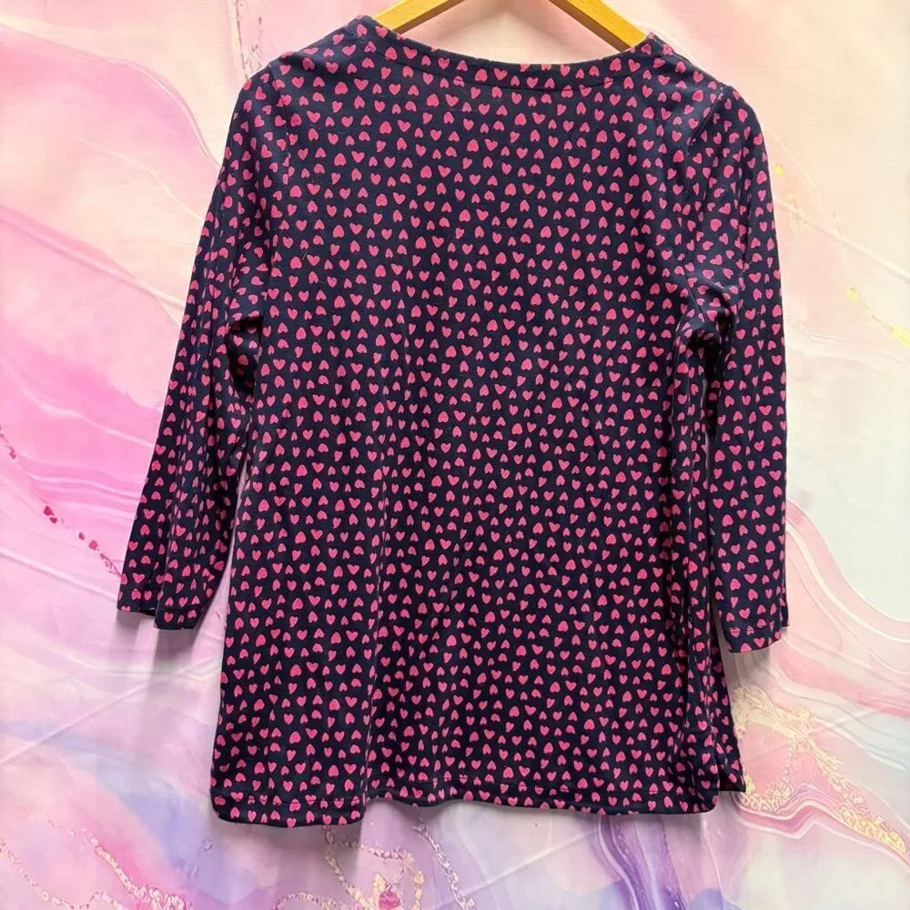 J. Jill M Navy Blue Pink Heart Print 3/4 Sleeve Blouse Romantic Feminine Artsy
